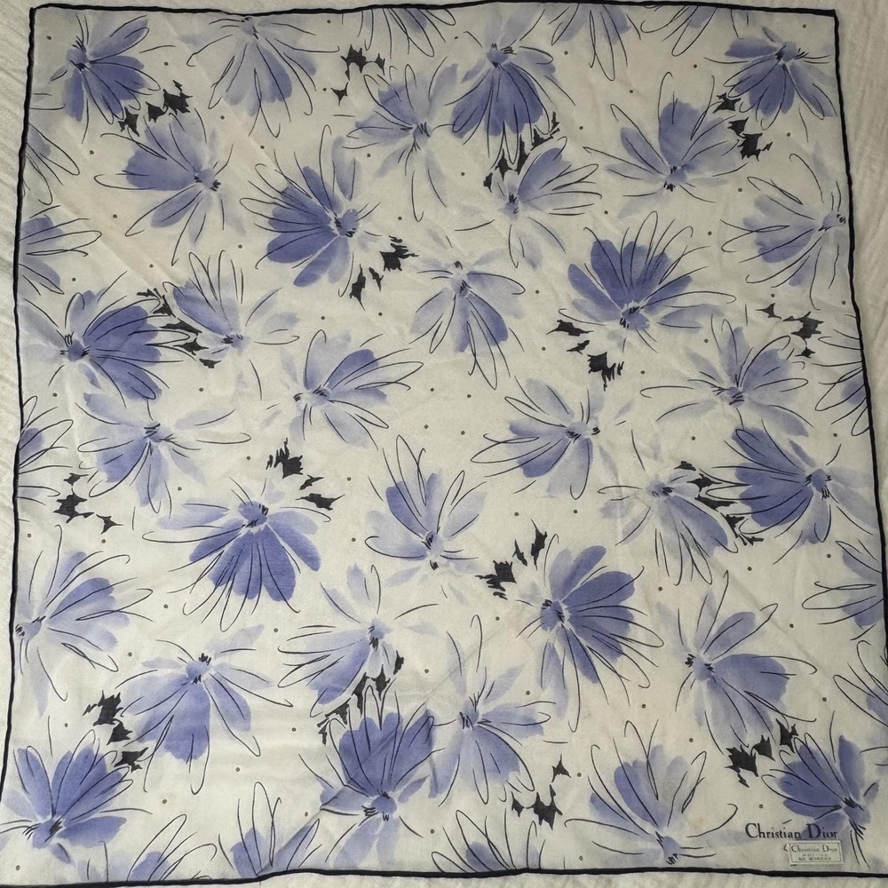 Christian Dior Scarf Handkerchief Floral Cotton White Blue Navy Border 17.5"